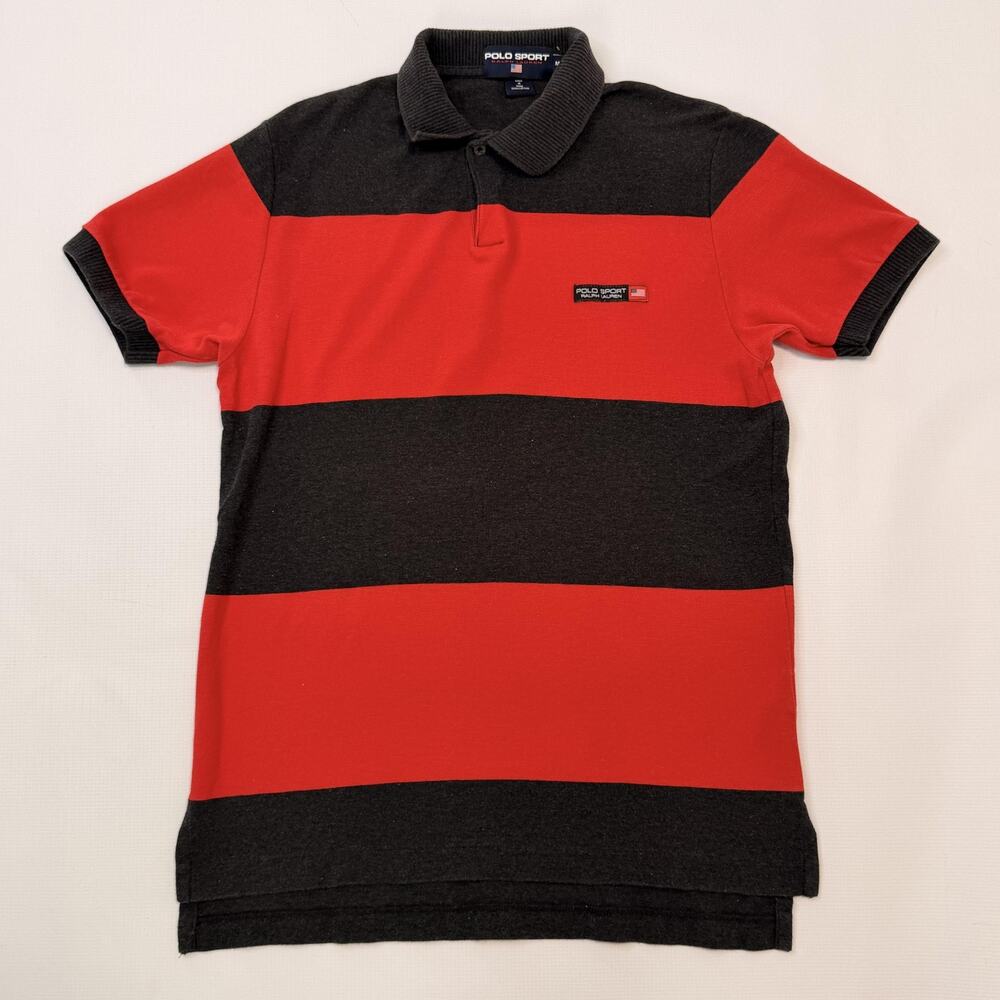 Polo Sport Ralph Lauren Polo Shirt Mens Medium Red Black Striped 100% Cotton